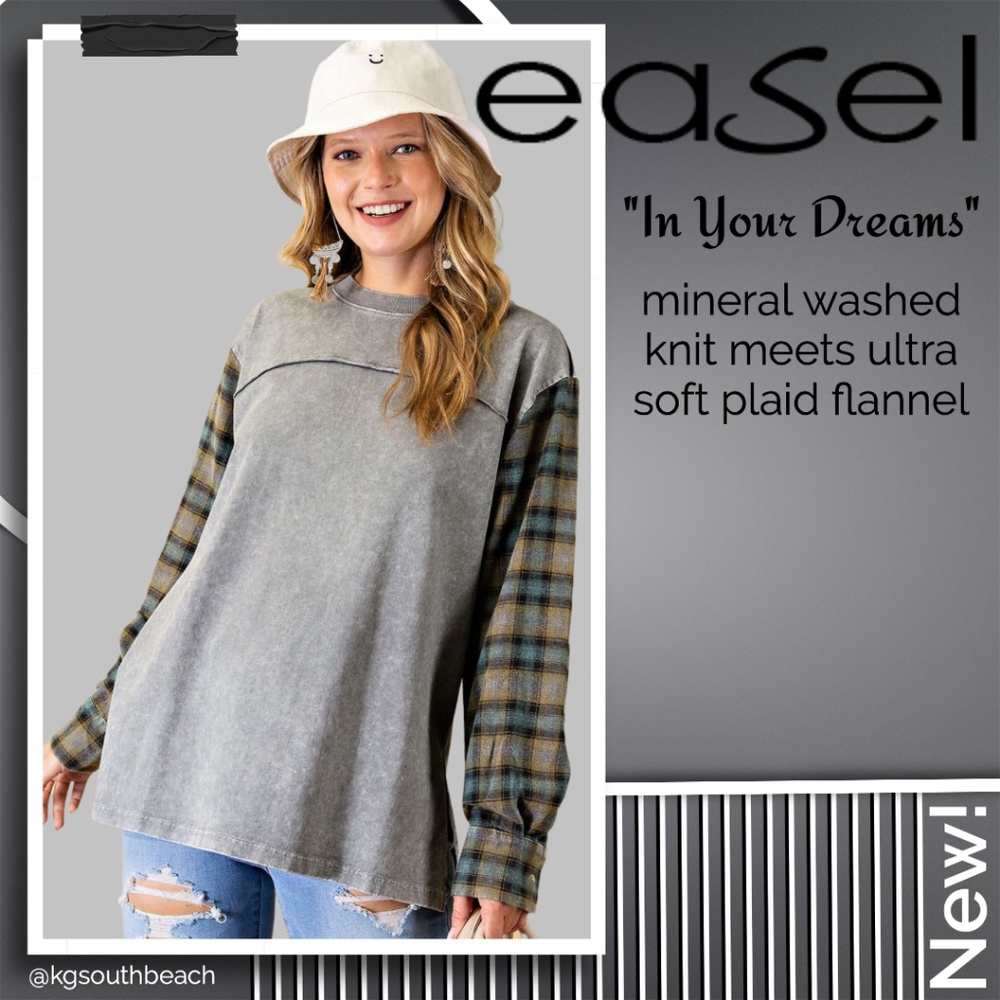EASEL "In Your Dreams" Loose Fit Mineral Wash Flannel Long Sleeves Pullover Top